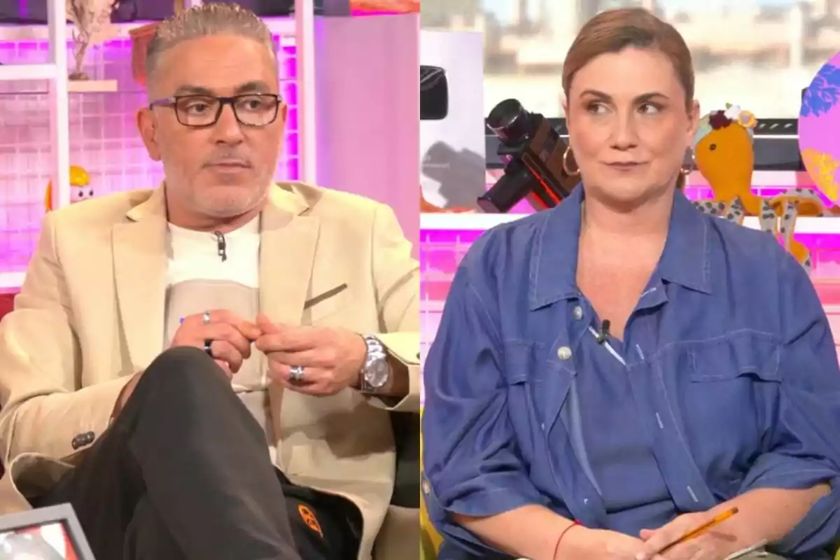 Kiko Hernández i Carlota Corredera asseguts a 'Tentacles' amb expressió seriosa i fons acolorit