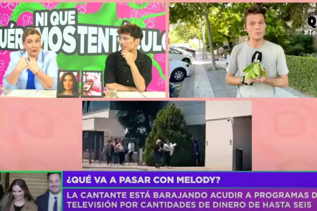 'Tentacles' mostra la Carlota Corredera i l'Arnau Martínez en un plató acolorit, en Gonzalo Vázquez al carrer sostenint plàtans, una imatge de persones fora d'un edifici i una faixa informativa sobre la cantant Melody i la seva possible participació en programes de televisió. 'Tentacles' mostra la Carlota Corredera i l'Arnau Martínez en un plató acolorit, en Gonzalo Vázquez al carrer sostenint plàtans, una imatge de persones fora d'un edifici i una faixa informativa sobre la cantant Melody i la seva possible participació en programes de televisió.