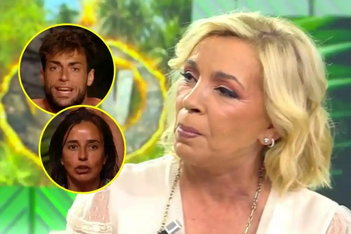 Carmen Borrego rossa en primer pla durant un programa de televisió de Vamos a ver amb Montoya i Carmen Alcayde en cercles grocs a la cantonada esquerra sobre un fons de vegetació de Supervivientes.