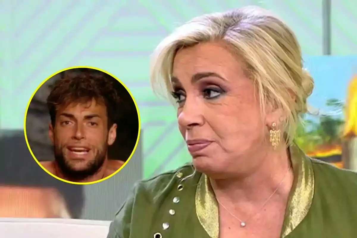 Carmen Borrego rossa amb expressió seriosa a Vamos a ver i un requadre amb la imatge d’un Montoya jove amb barba a Supervivientes a la cantonada esquerra