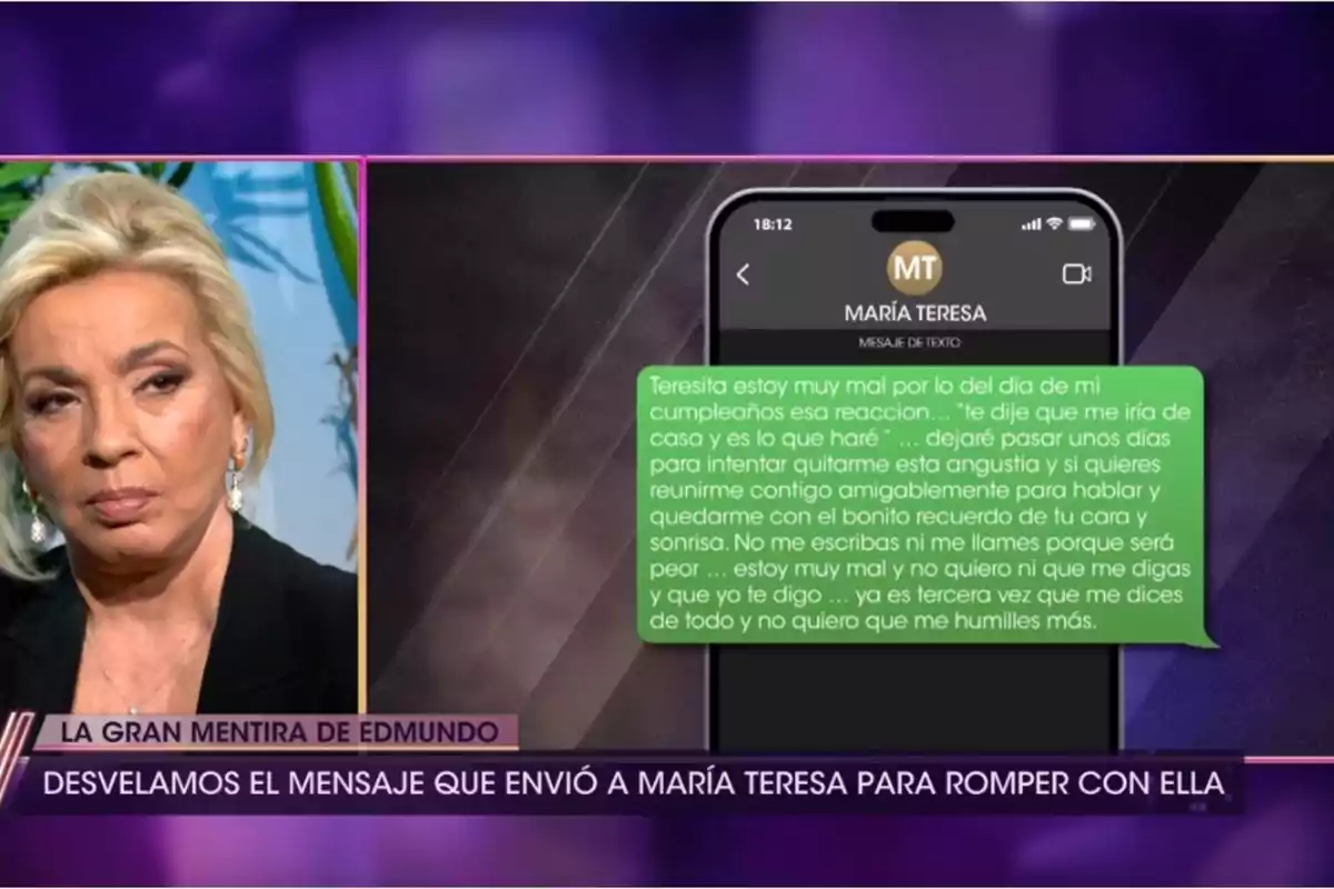 Carmen Borrego, with a serious expression, next to an image of the message with which Edmundo Arrocet broke up with María Teresa Campos. Carmen Borrego, with a serious expression, next to an image of the message with which Edmundo Arrocet broke up with María Teresa Campos.