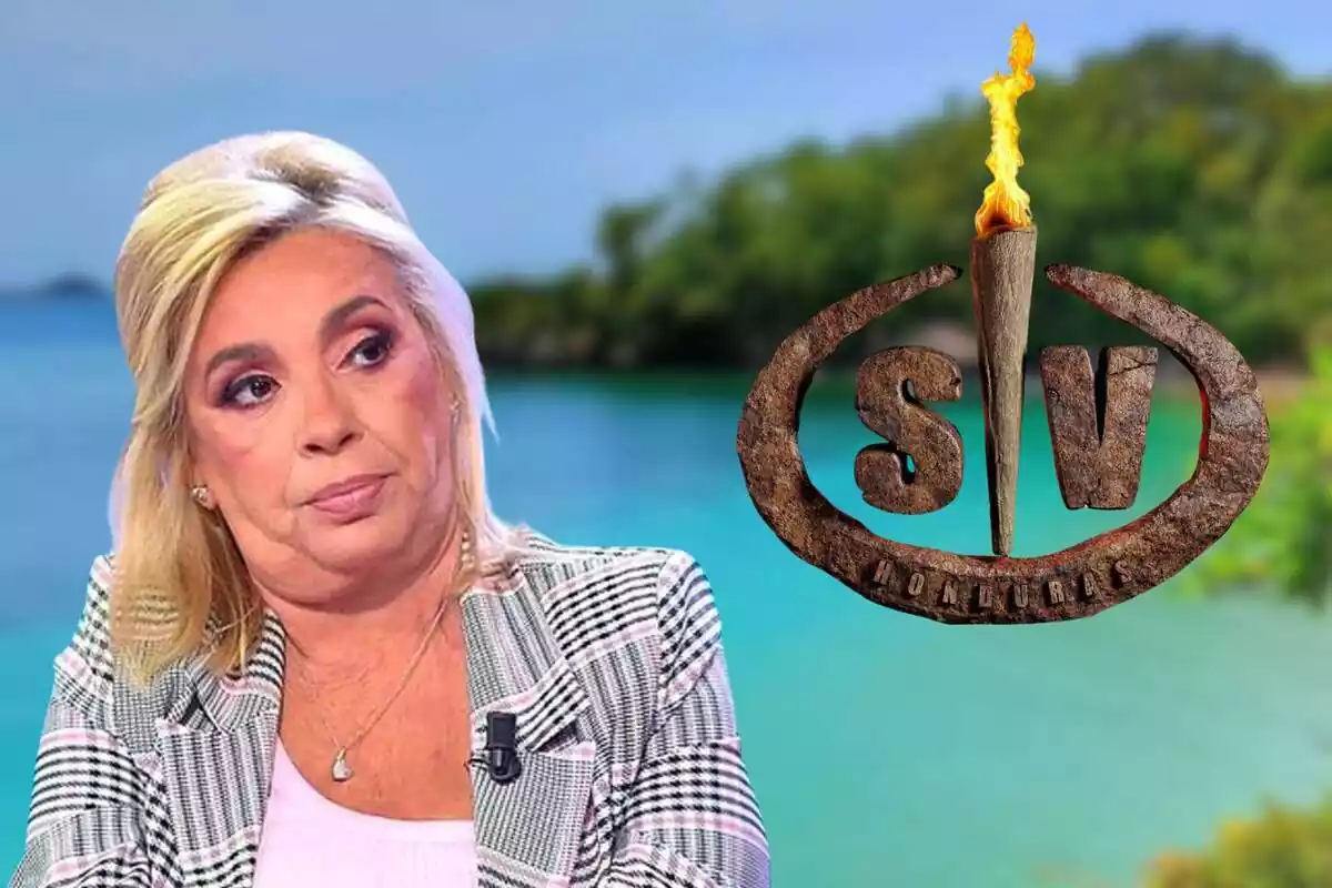 Muntatge de Carmen Borrego amb el logo de Supervivientes i una illa de fons