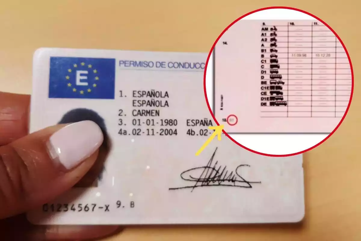 Imatge de fons d'una persona sostenint un carnet de conduir amb la mà i una altra del revers d'un carnet amb un codi 12 assenyalat