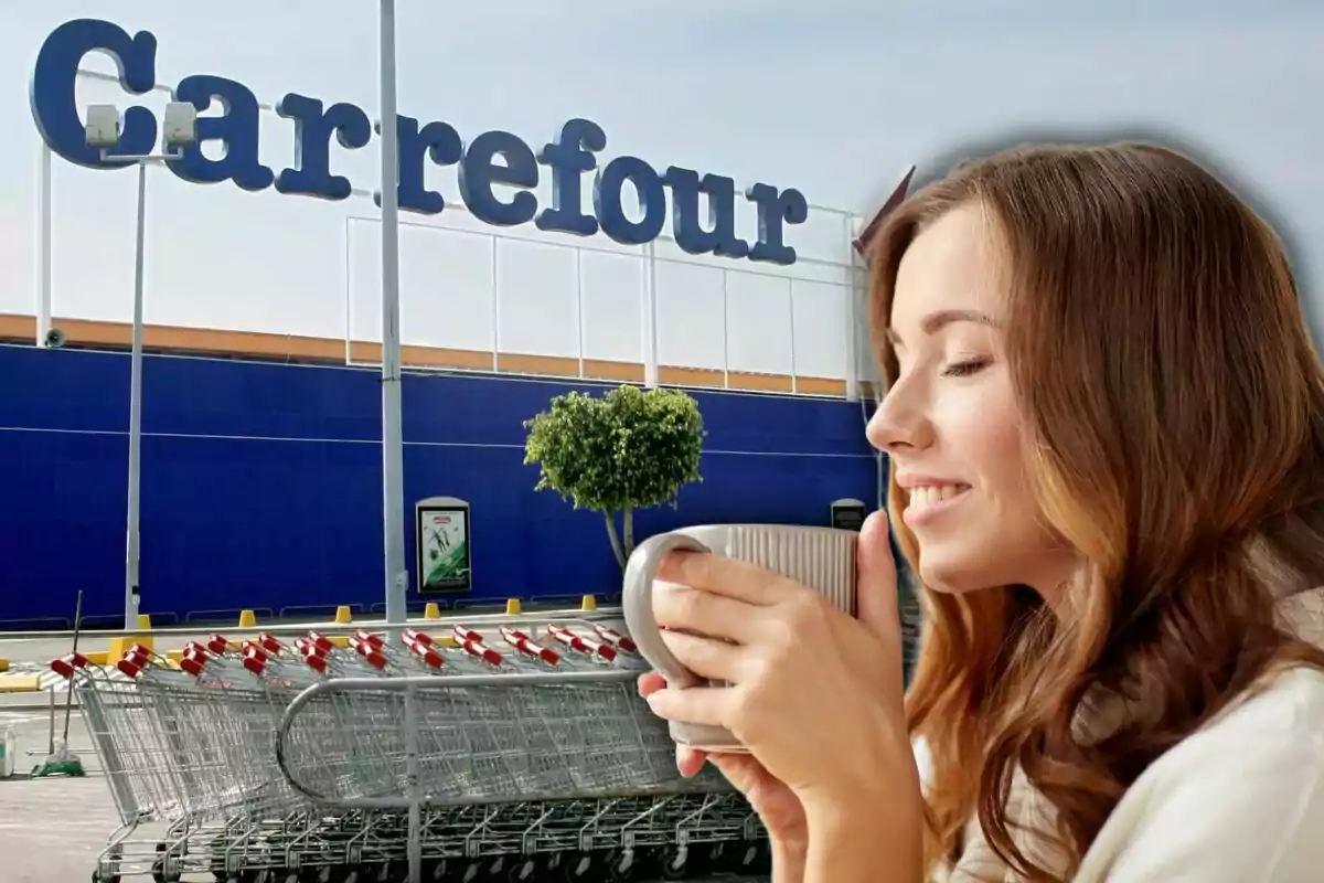 Una mujer sonriente sostiene una taza frente a un supermercado Carrefour con carritos de compras alineados en el estacionamiento.