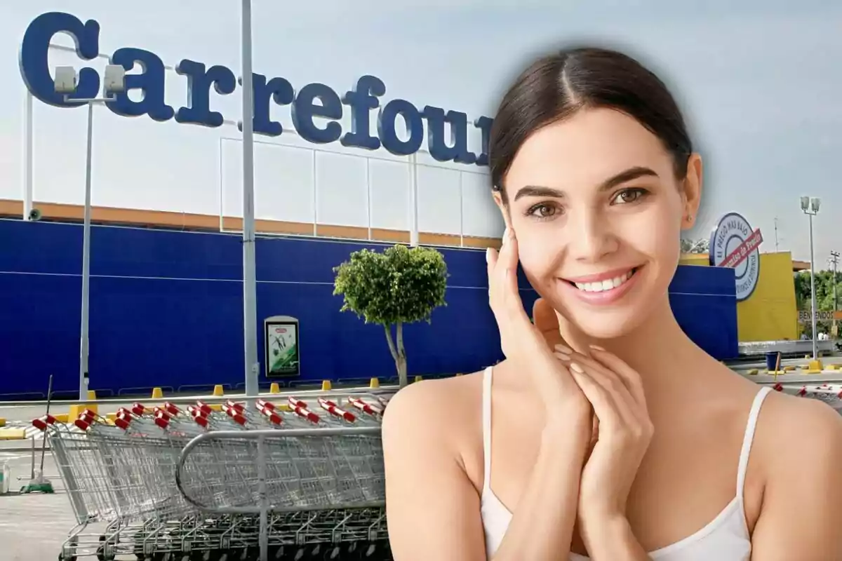 A smiling woman in front of a Carrefour supermarket with shopping carts in the foreground.