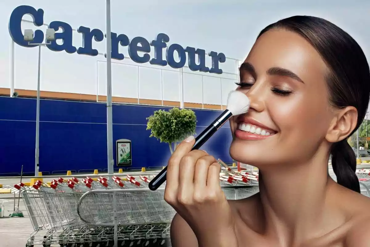 Una mujer sonriente se aplica maquillaje con una brocha frente a un supermercado Carrefour.