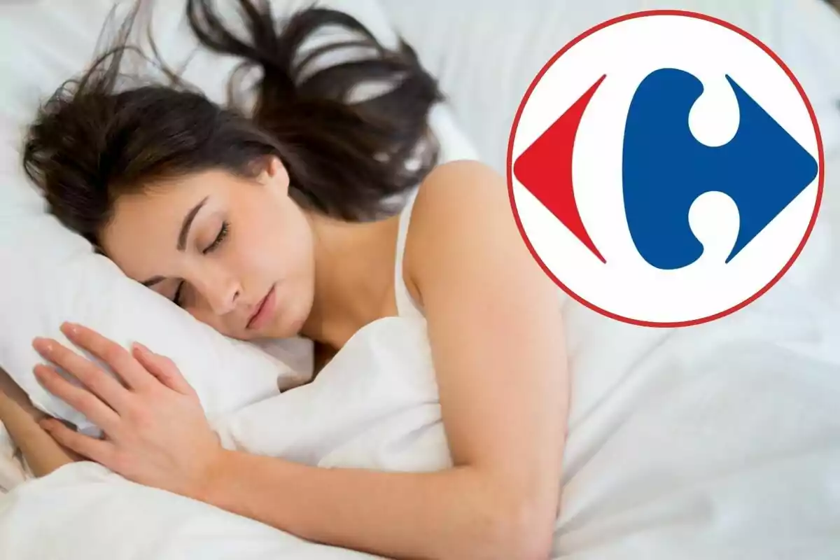 Woman sleeping peacefully in a bed with a logo overlaid in the top right corner.