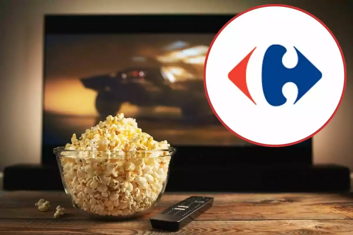 A bowl of popcorn in front of a television screen with a remote control on the table and a logo in the upper right corner.