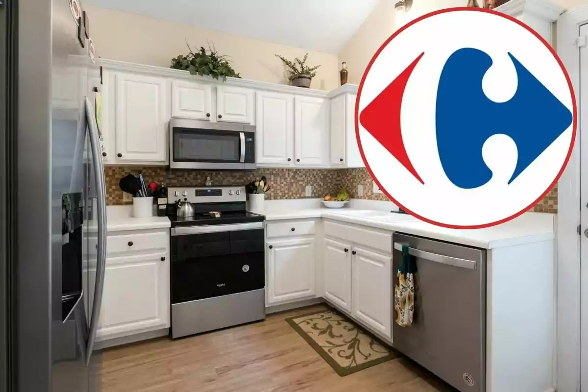 A modern kitchen with white cabinets and stainless steel appliances, with a large logo overlaid in the right corner.