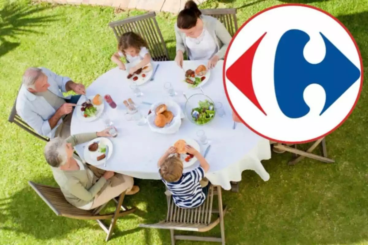 A family sitting around a round table outdoors enjoying a meal with a large logo overlaid on the image.