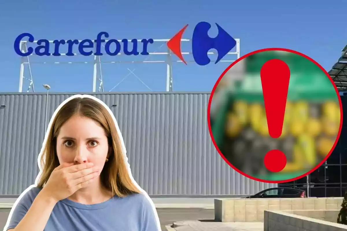 Una dona amb expressió de sorpresa es cobreix la boca davant d?un supermercat Carrefour, amb un signe d?exclamació vermell en un cercle a la dreta.