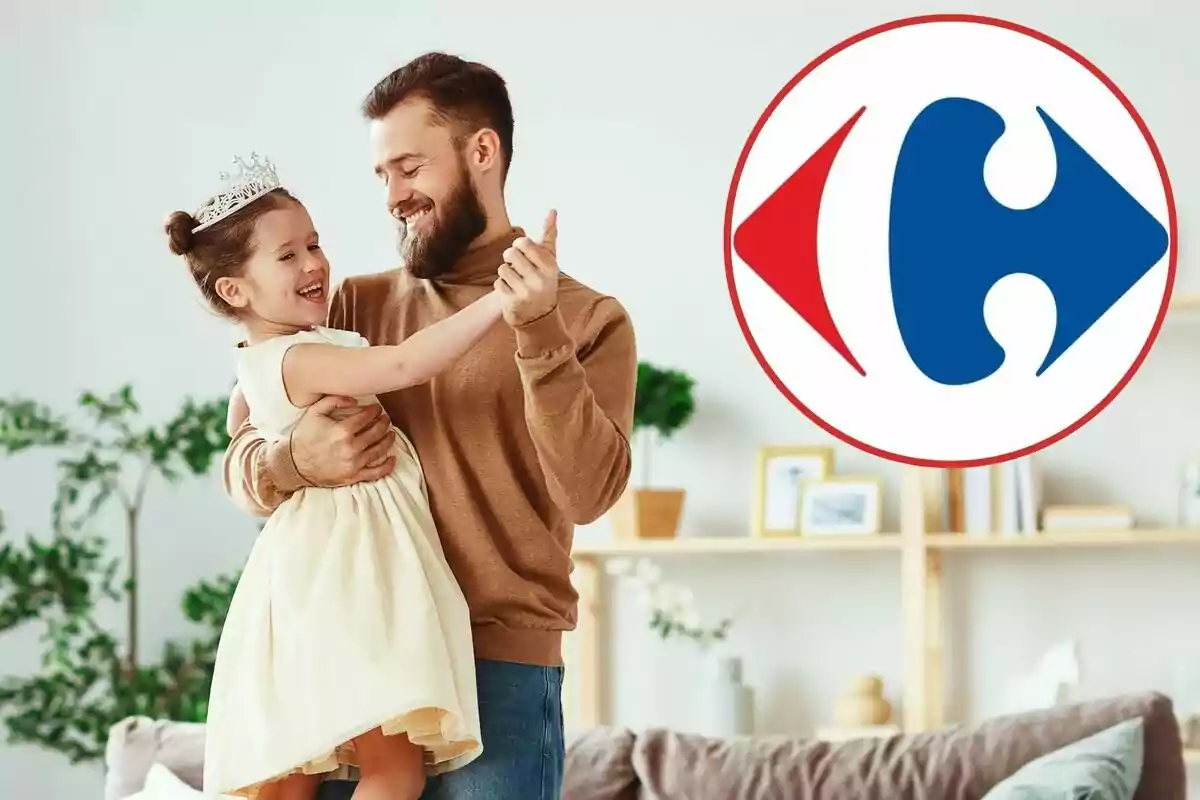 A smiling man holds a girl with a crown in a homey setting, next to a circular red and blue logo.