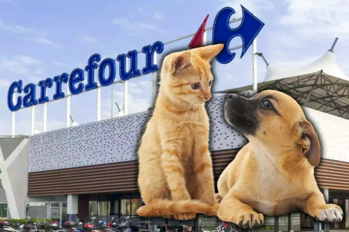 Un gat i un gos davant d'un supermercat Carrefour.