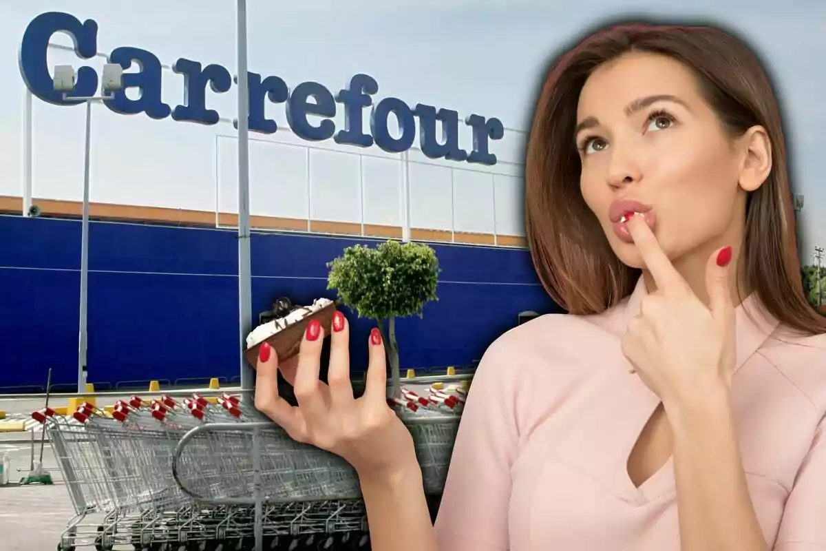 Dona pensativa amb un pastisset davant d'un supermercat Carrefour.