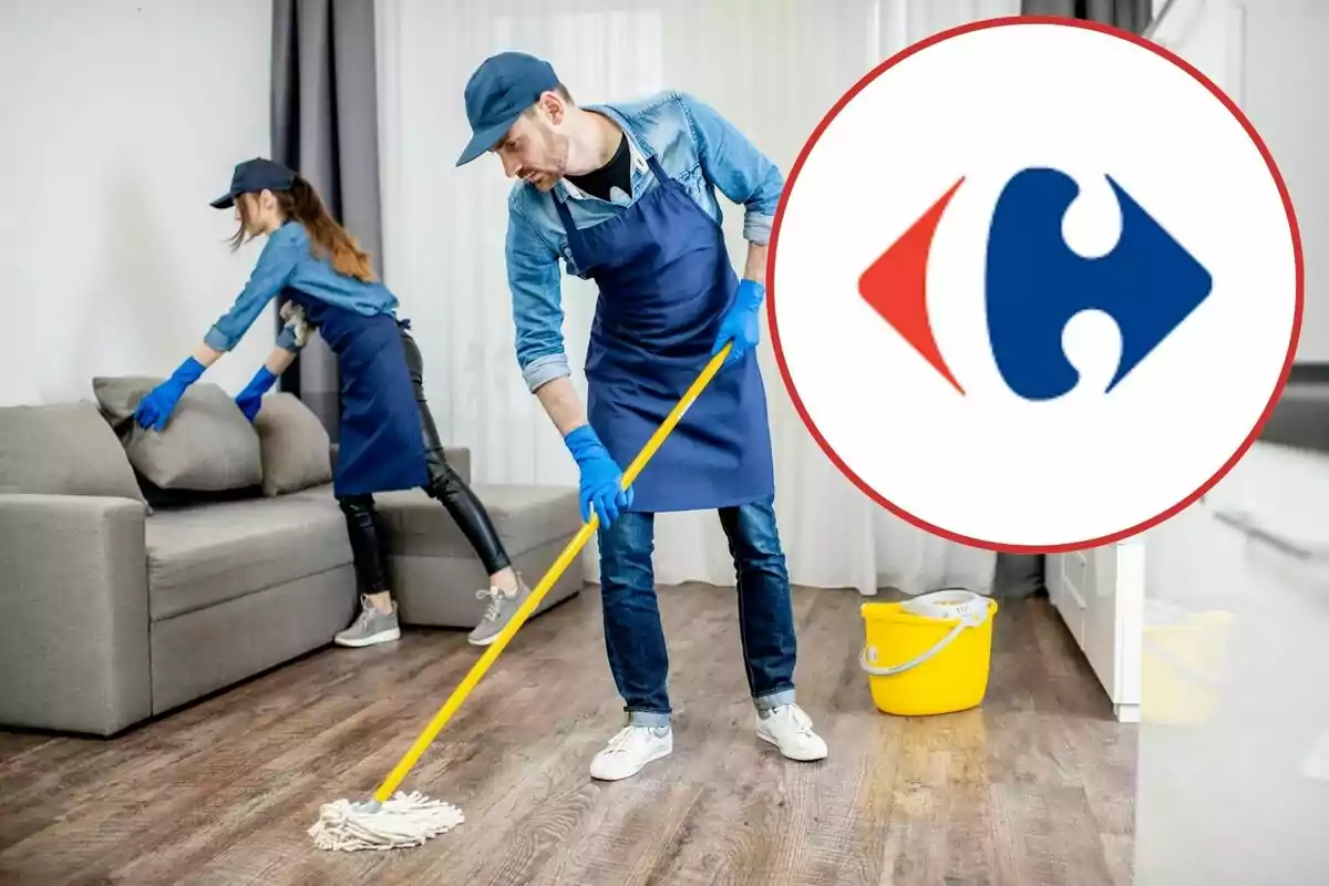 Dues persones amb uniformes de neteja estan netejant una sala, una està picant el pis mentre l'altra acomoda els coixins del sofà; a la cantonada de la imatge es mostra el logotip de Carrefour.