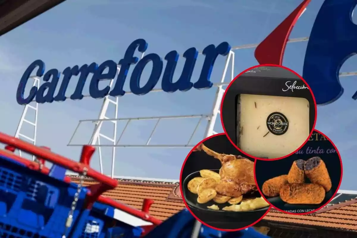 Imatge de fons d´una botiga Carrefour amb tres imatges dels productes de la gamma Selecció de la marca