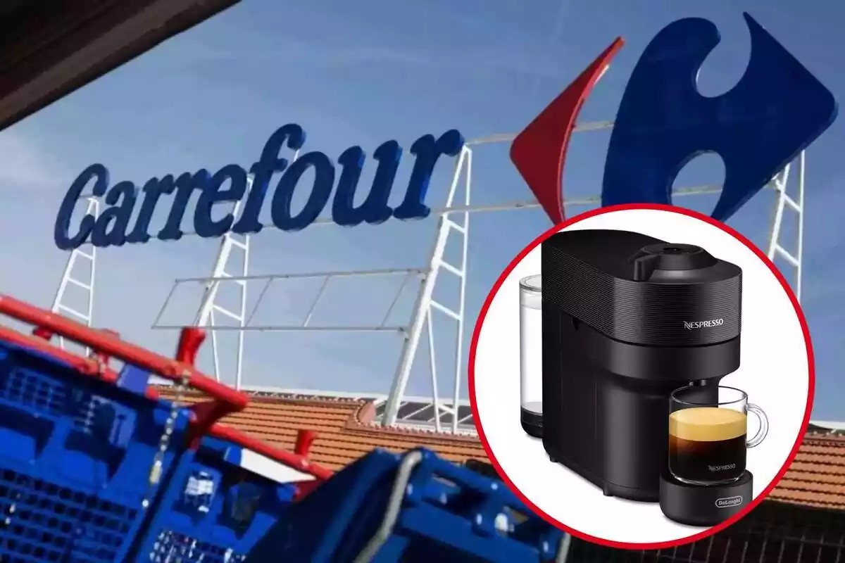 Muntatge amb cartell d'un supermercat de Carrefour i en un cercle la cafetera Nespresso Vertuo