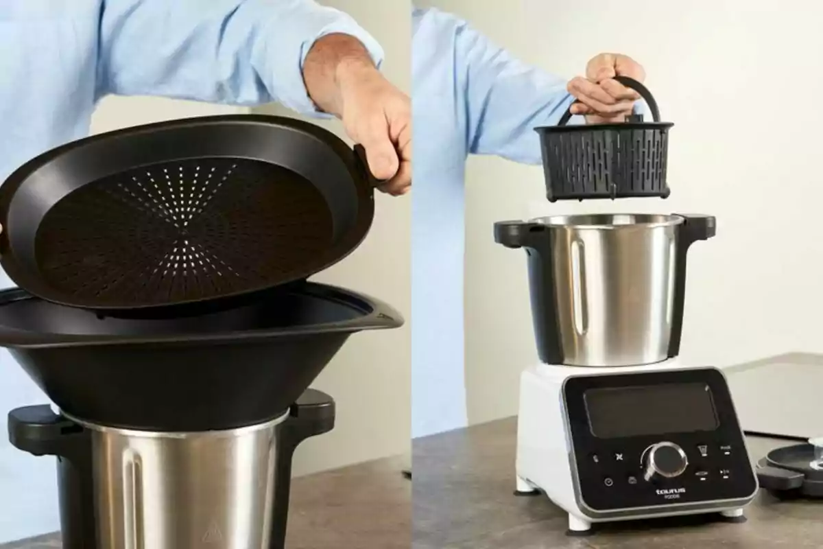 Person showing how to assemble a steamer and a basket in a food processor on a countertop. Person showing how to assemble a steamer and a basket in a food processor on a countertop.