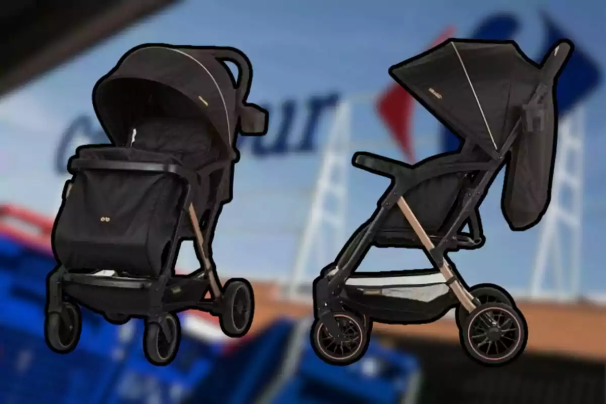 Two black baby strollers with a blurred supermarket background. Two black baby strollers with a blurred supermarket background.