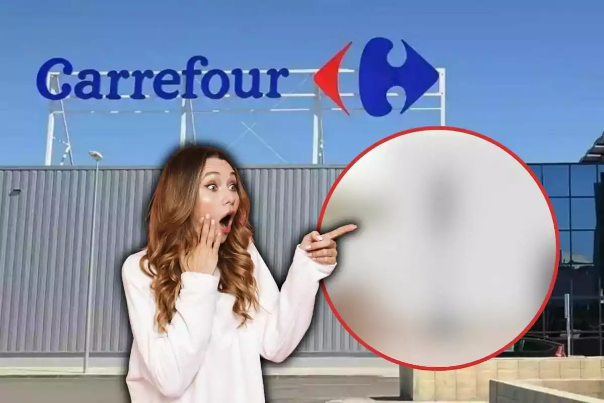 Dona sorpresa assenyalant una mica borrós davant d'una botiga Carrefour.