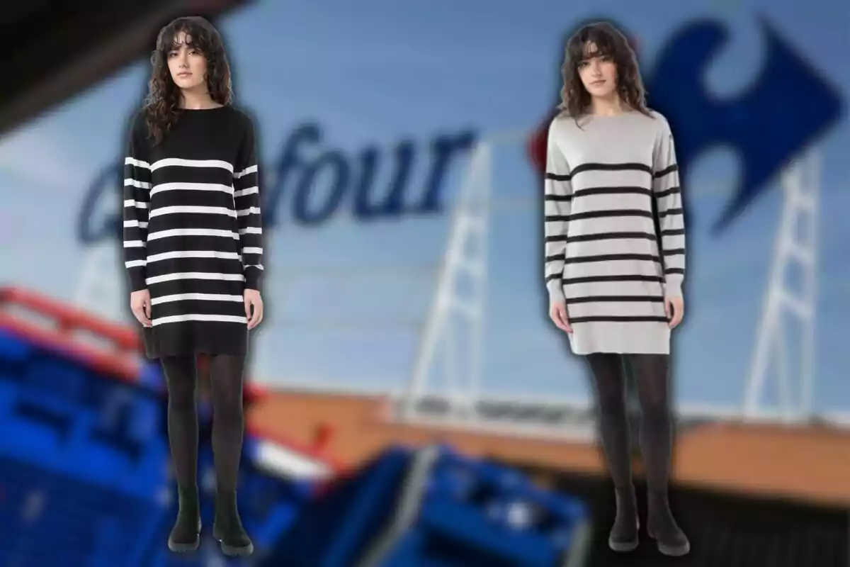 Two women in striped dresses pose in front of a blurred background that appears to be a shopping mall.