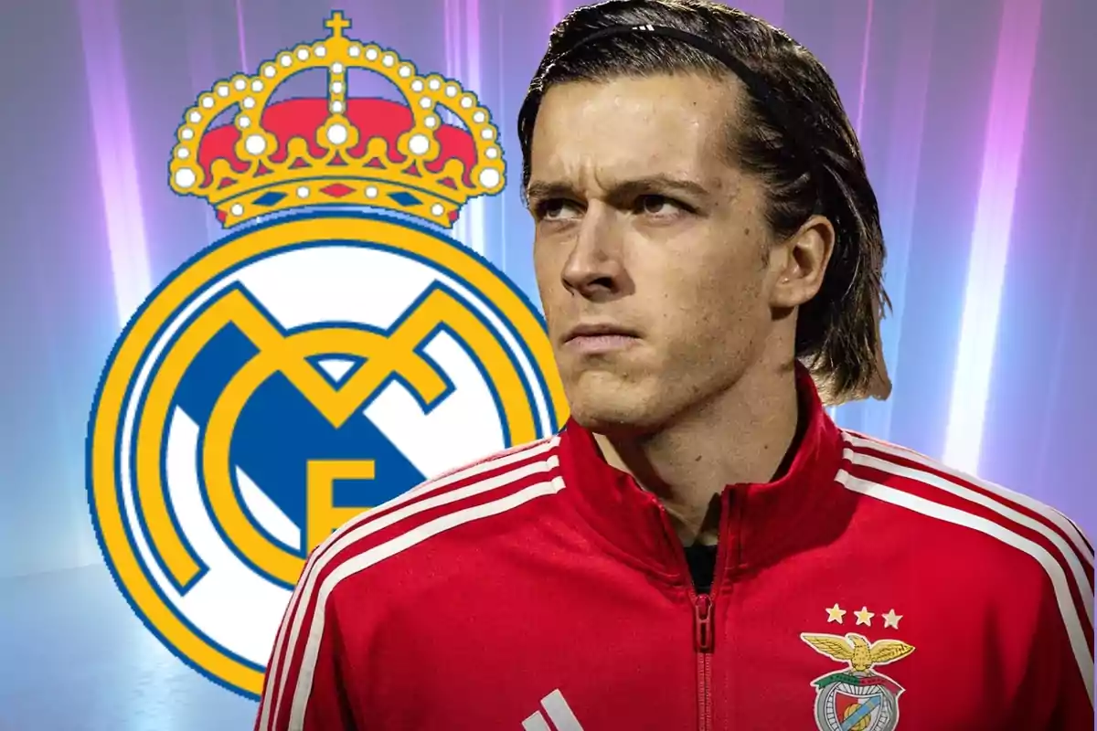 Soccer player in a red Benfica jacket in front of the Real Madrid crest against a background of purple lights