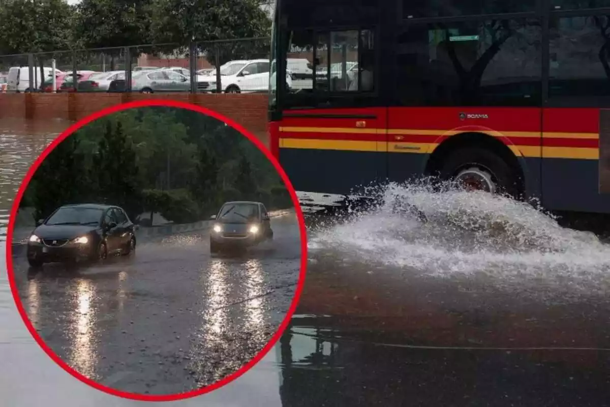 Imatge de fons d'un autobús aixecant aigua a una carretera inundada i una altra imatge de dos cotxes circulant per una carretera també amb molta aigua