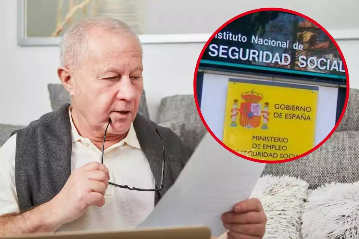 Un home gran revisa un document mentre sosté les ulleres, amb un requadre que mostra el logo de l'Institut Nacional de Seguretat Social d'Espanya.