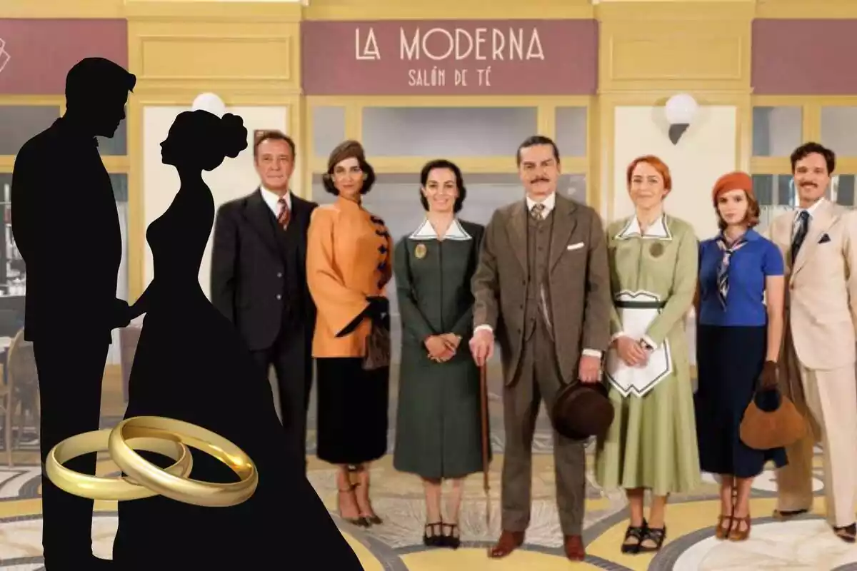 Muntatge de fotos del cartell promocional de la sèrie 'La Moderna' i al costat la silueta d'uns Novios amb aliances de casament al costat