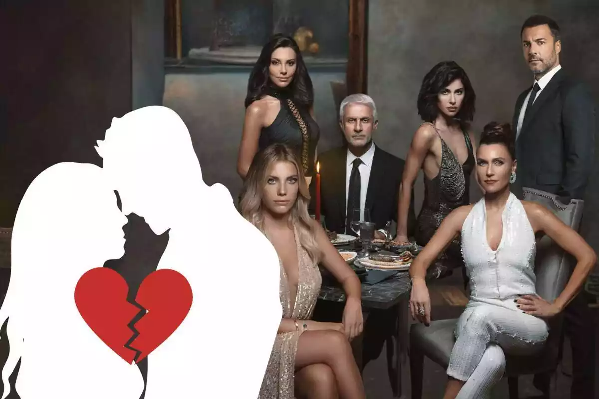 Imatge dels actors i actrius principals de la sèrie 'Pecado Original' i, al costat, la silueta d'una parella amb el cor trencat
