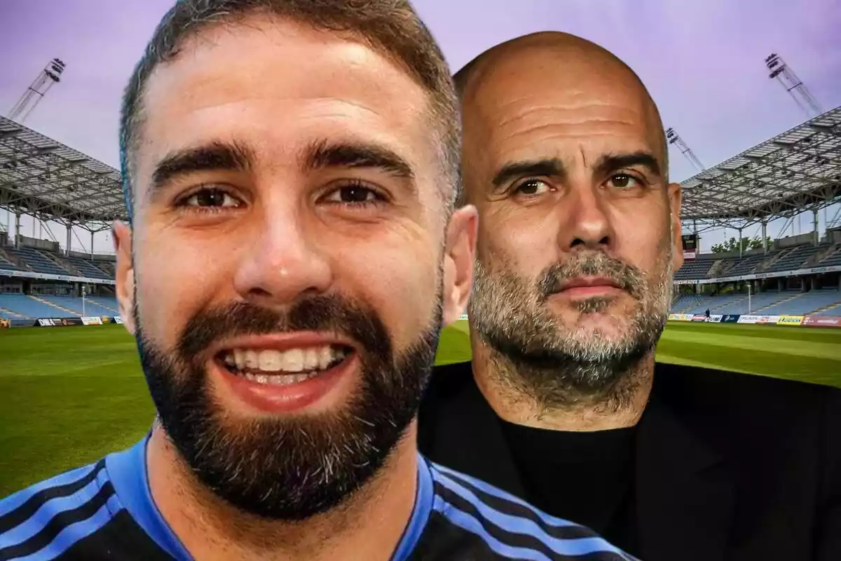 Dani Carvajal en primer pla al costat de Pep Guardiola i un estadi de futbol al fons