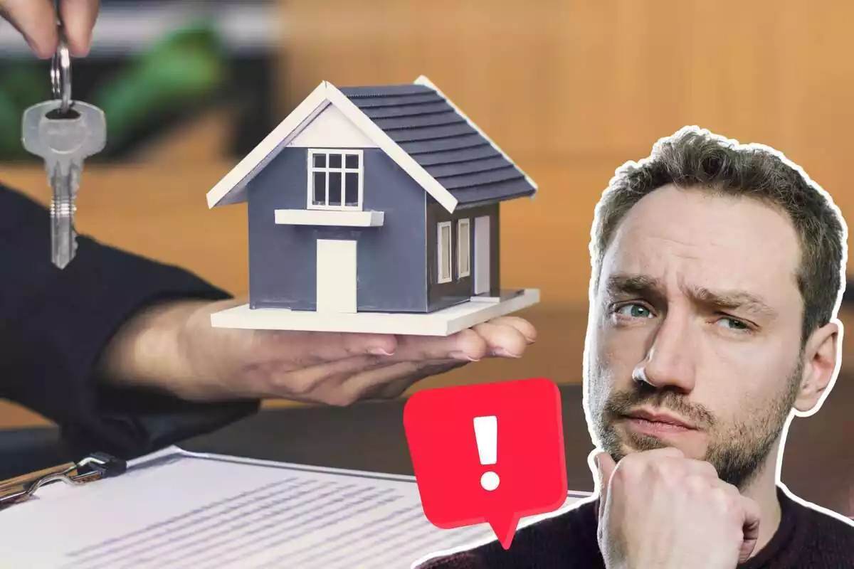 Imatge de fons d´una casa en miniatura i una persona lliurant unes claus, una altra imatge d´un home amb gest pensatiu i una emoticona d´una exclamació