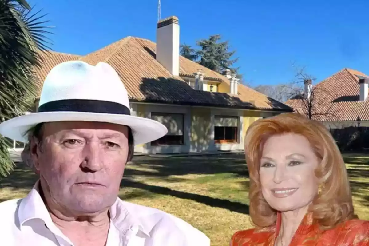 Muntatge amb la casa dels Tarongers, Amador Mohedano seriós amb un barret blanc i Rocío Jurado somrient amb una brusa taronja