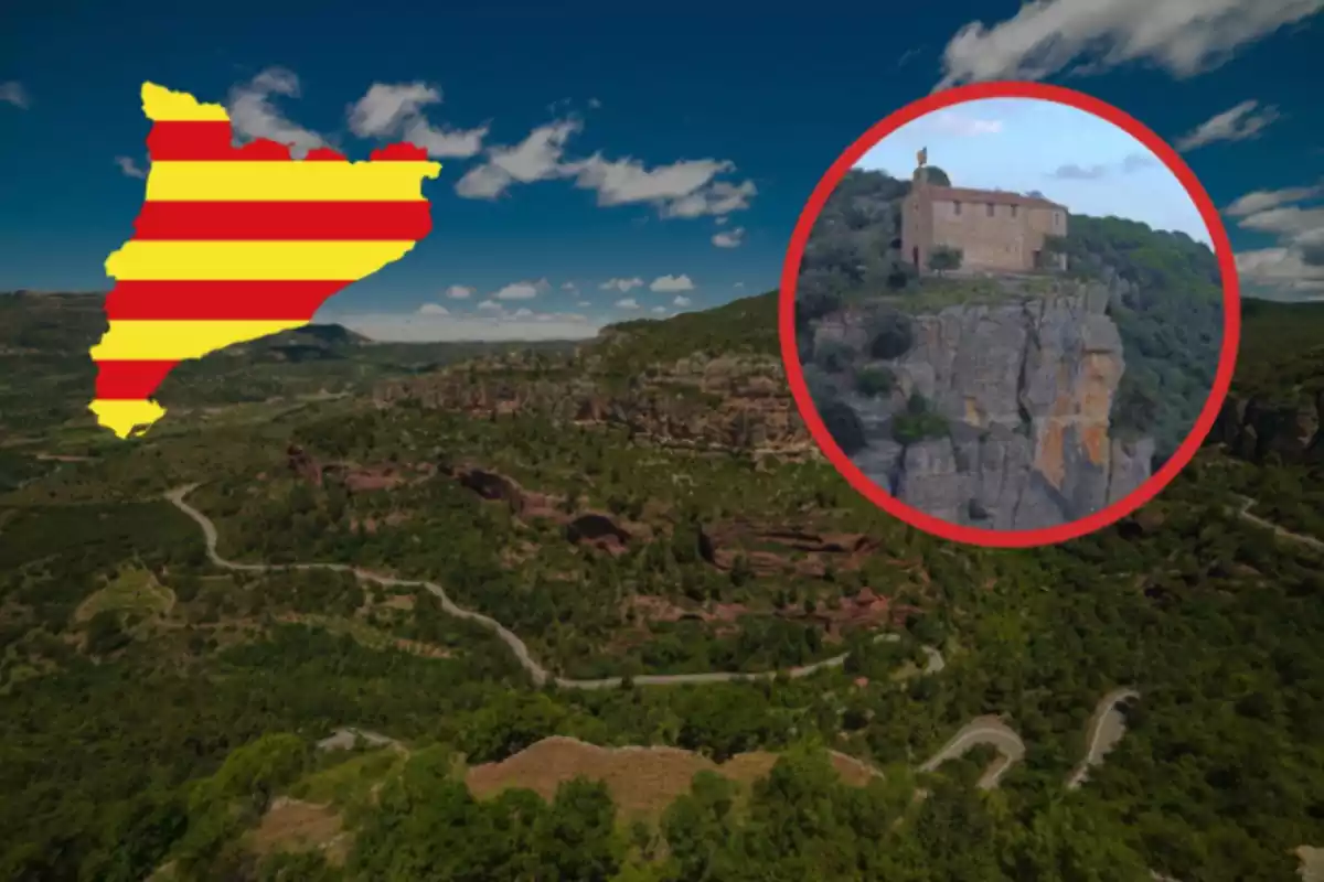 Unes muntanyes i un cercle amb una ermita sobre un penya-segat i l'emblema de catalunya