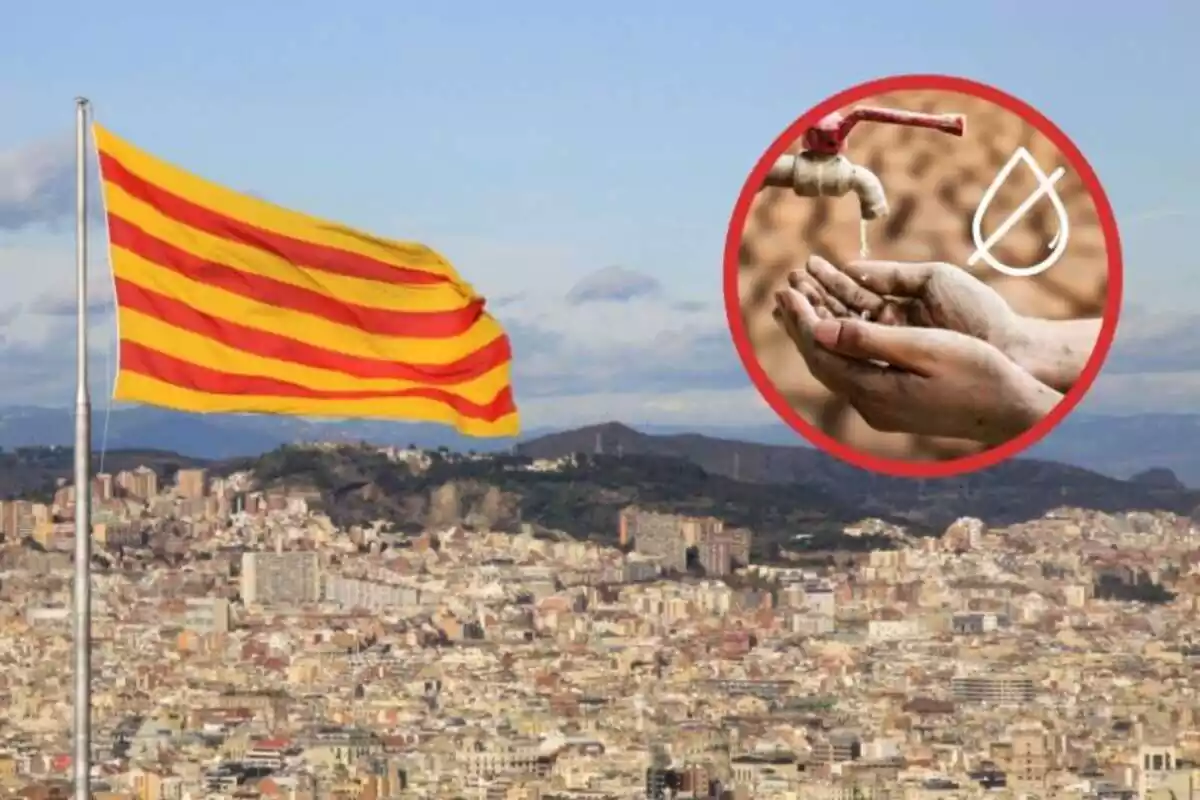 Una bandera de catalunya sobre Barcelona i un cercle vermell amb una mà intentant agafar aigua d'una aixeta i un emoji d'aigua prohibida