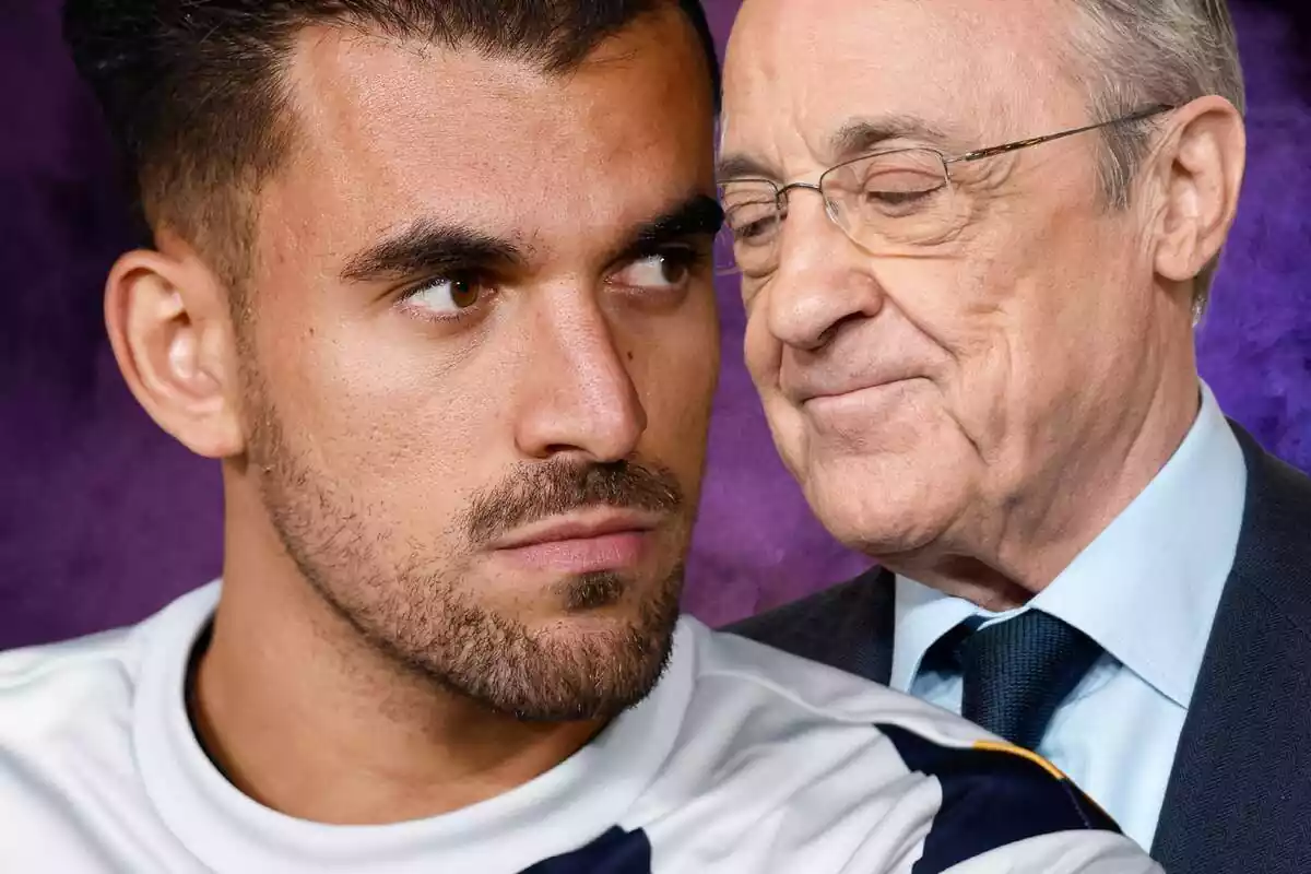 Dani Ceballos i Florentino Pérez es miren cara a cara sobre un fons de color lila