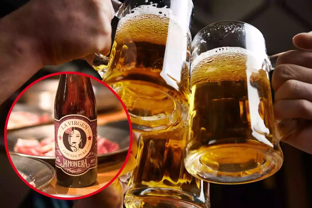 Imatge de fons d'una imatge de diverses gerres de cervesa i una altra imatge d'una ampolla de cervesa marca La Verge