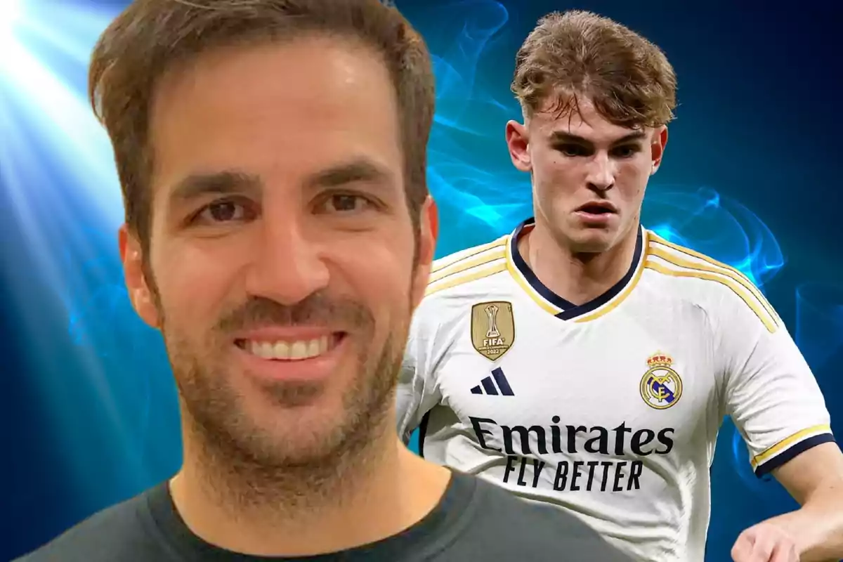 Two men, one smiling in the foreground and another wearing a Real Madrid soccer jersey in the background, against a blue background with light effects.