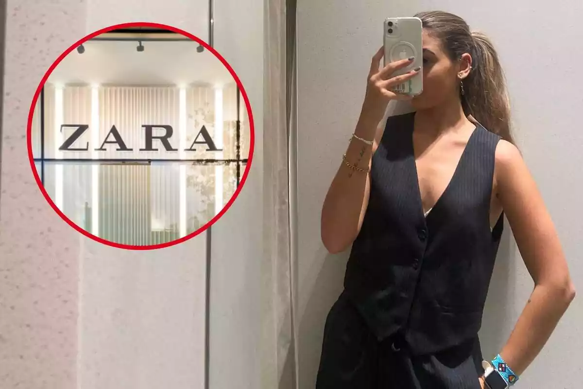 Imatge de fons d´una noia amb una armilla de Zara i una altra d´un logo de la marca