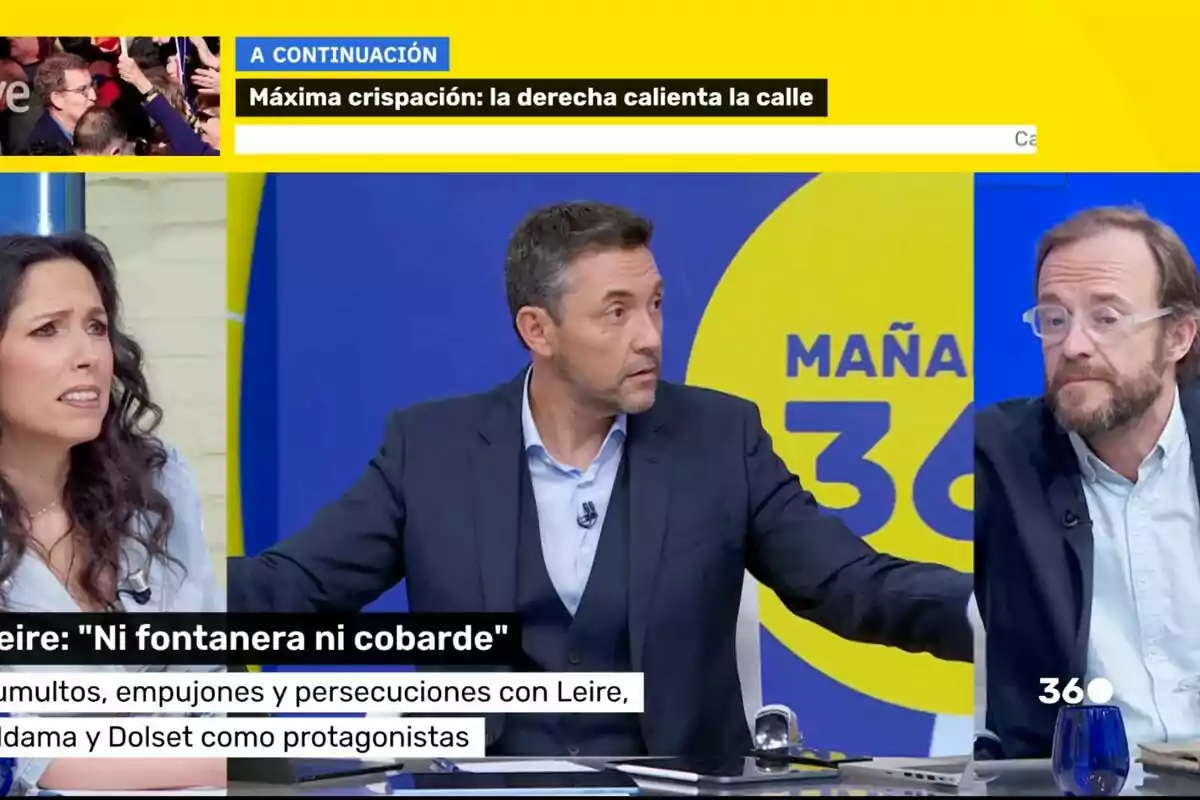 Javier Ruiz, Chapu Apaolaza i Marta Nebot en un debat televisiu en un programa anomenat 'Mañaneros 360', amb gràfics i titulars informatius a la pantalla. Javier Ruiz, Chapu Apaolaza i Marta Nebot en un debat televisiu en un programa anomenat 'Mañaneros 360', amb gràfics i titulars informatius a la pantalla.