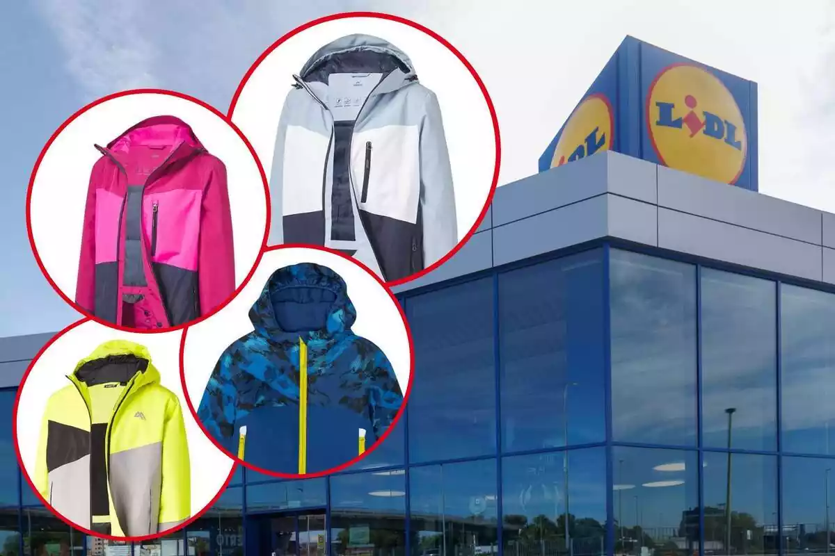 Imatge de fons d´una botiga Lidl i una altra de diversos models i talles de les jaquetes d´esquí de Lidl