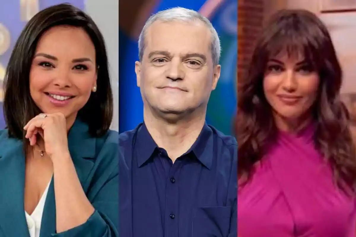 Tres persones posen davant de la càmera, Chenoa a Dog House i Lara Álvarez a La Conexió als costats i Ramón García a El Grand Prix al centre, tots amb expressions amigables.