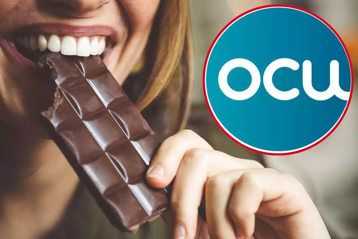 Dona menjant xocolata i el logo de l'OCU