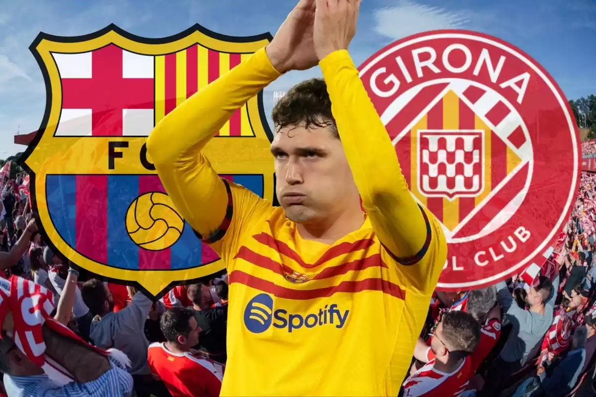 Andreas Christensen en primer pla amb l'escut del Barça i del Girona FC de fons