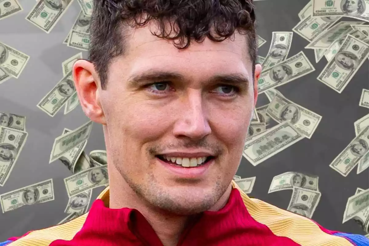 Andreas Christensen amb un somriure i una pluja de diners al fons