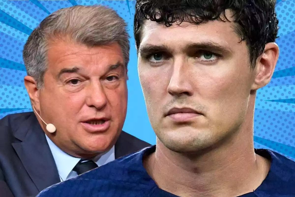 Andreas Christensen en primer pla amb Joan Laporta al fons sobre un fons blau