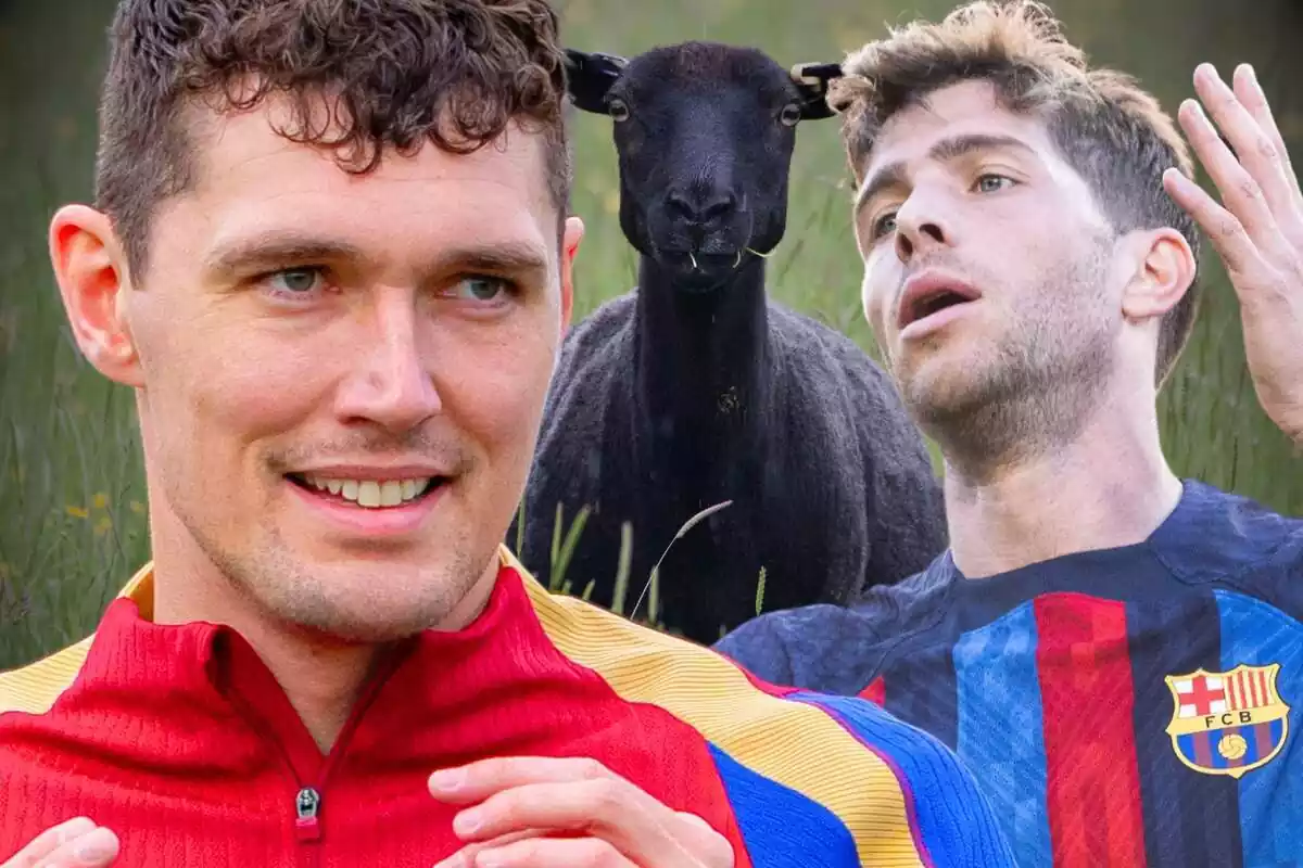 Andreas Christensen mirant a un costat amb Sergi Roberto lamentant-se i una ovella negra al fons