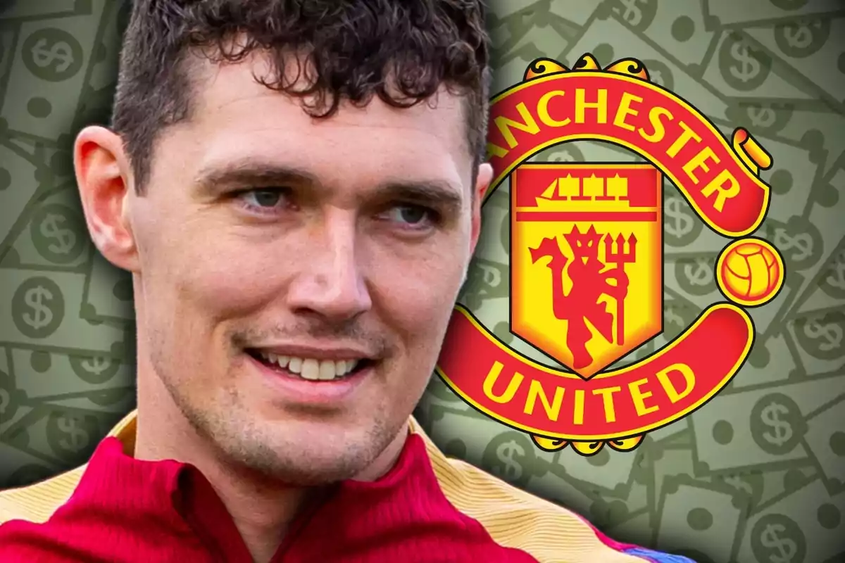 A smiling man with a background of bills and the Manchester United crest.