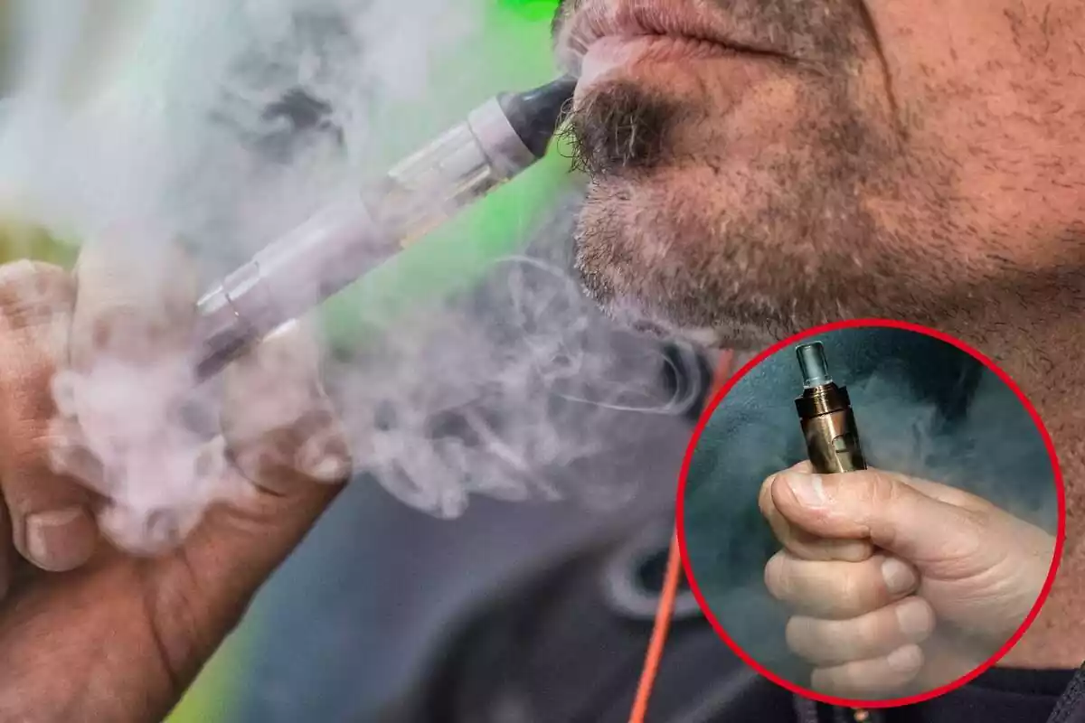 Imatge d'una persona de fons fumant amb una cigarreta electrònica i amb fum al voltant i una altra imatge d'una mà sostenint una altra cigarreta electrònica