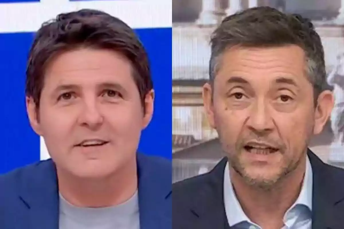 Jesús Cintora i Javier Ruiz, amb cabell curt i fosc, apareixen en primer pla, cadascun en un entorn d’estudi de televisió diferent.